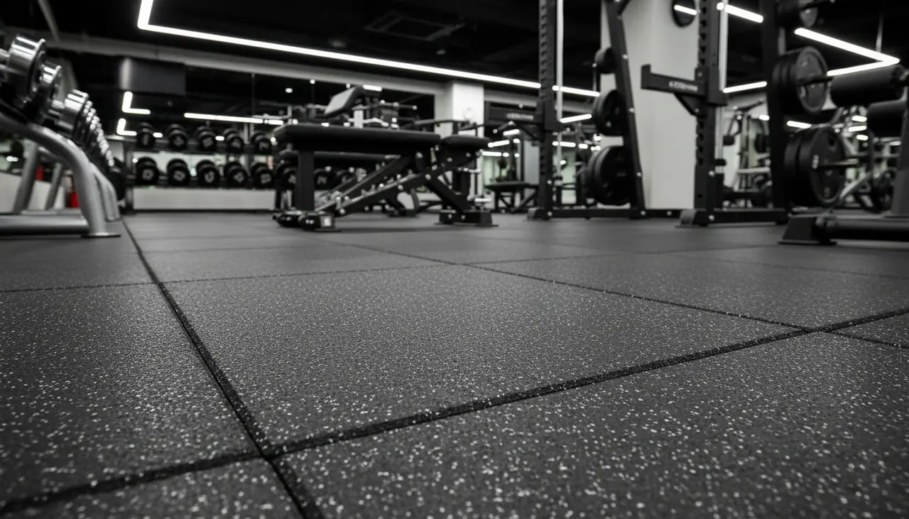 Spor salonunda benekli siyah kauçuk karo zemin ve dambıl rafları