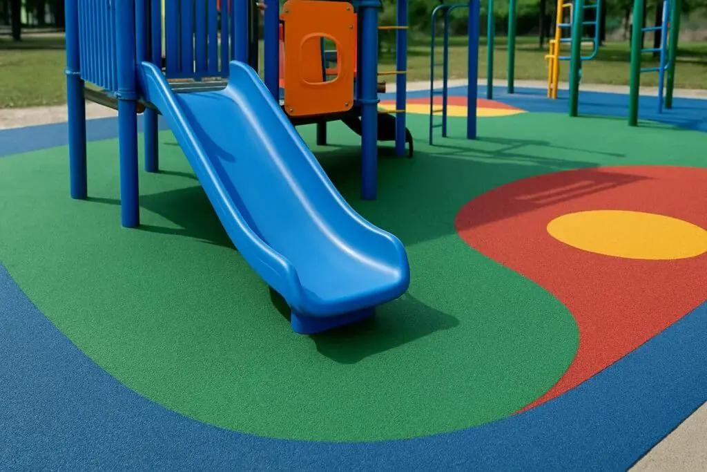 Kaydırak çevresinde yeşil, mavi ve kırmızı EPDM kaplı çocuk oyun alanı zemini