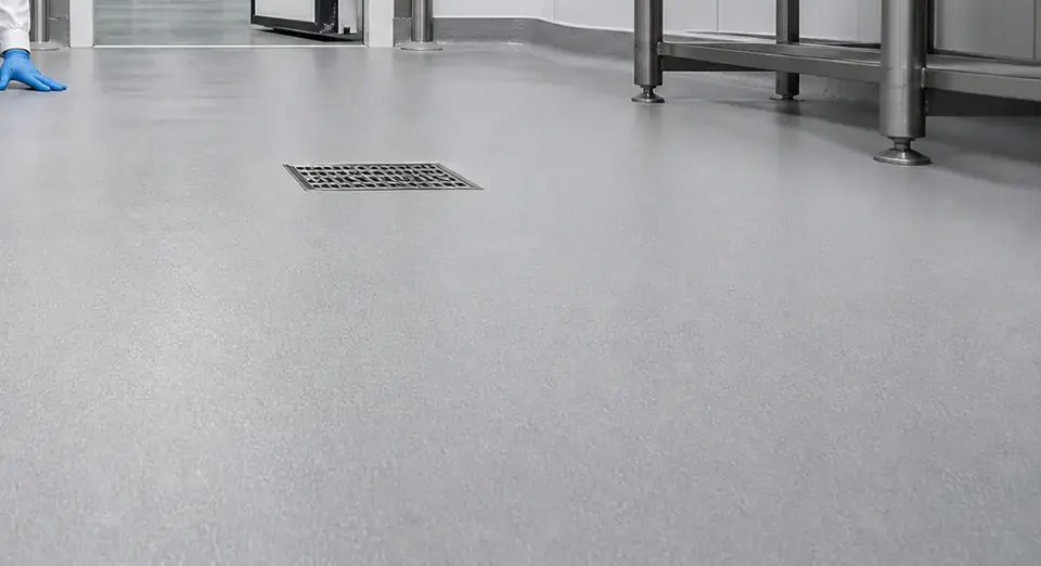 Gri poliüretan beton zeminin gider ızgarası çevresindeki mat yüzey dokusu