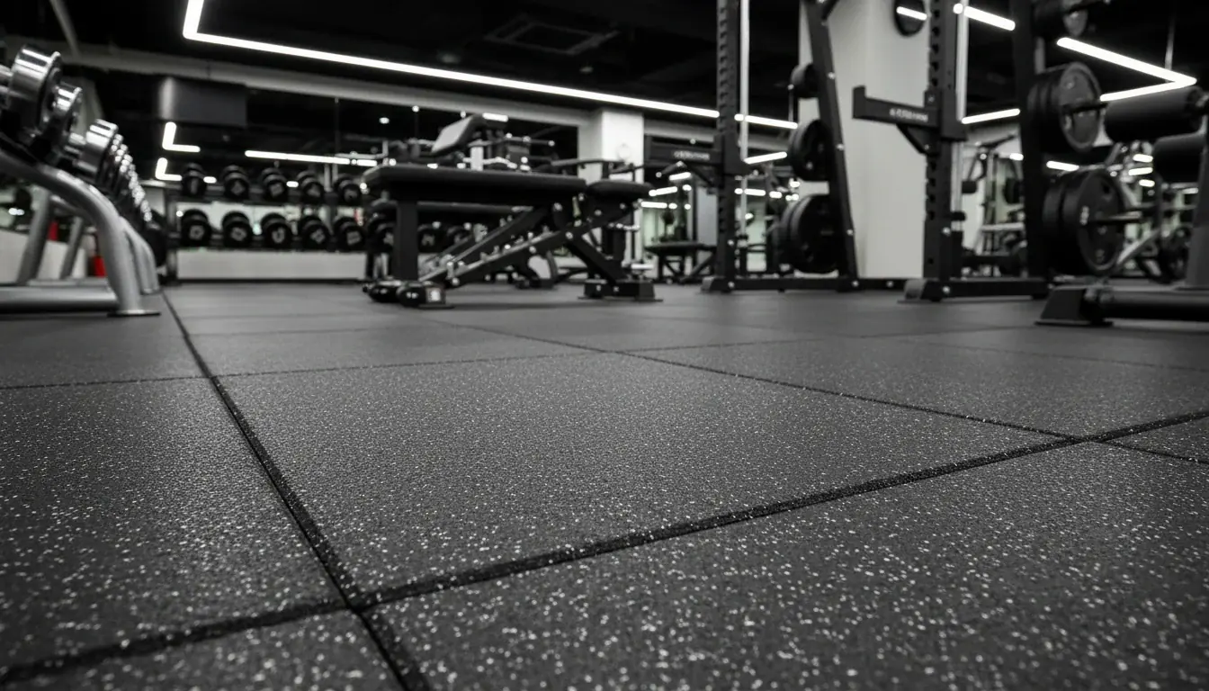 Fitness salonunda ağırlık ekipmanı altındaki benekli kauçuk zemin karoları