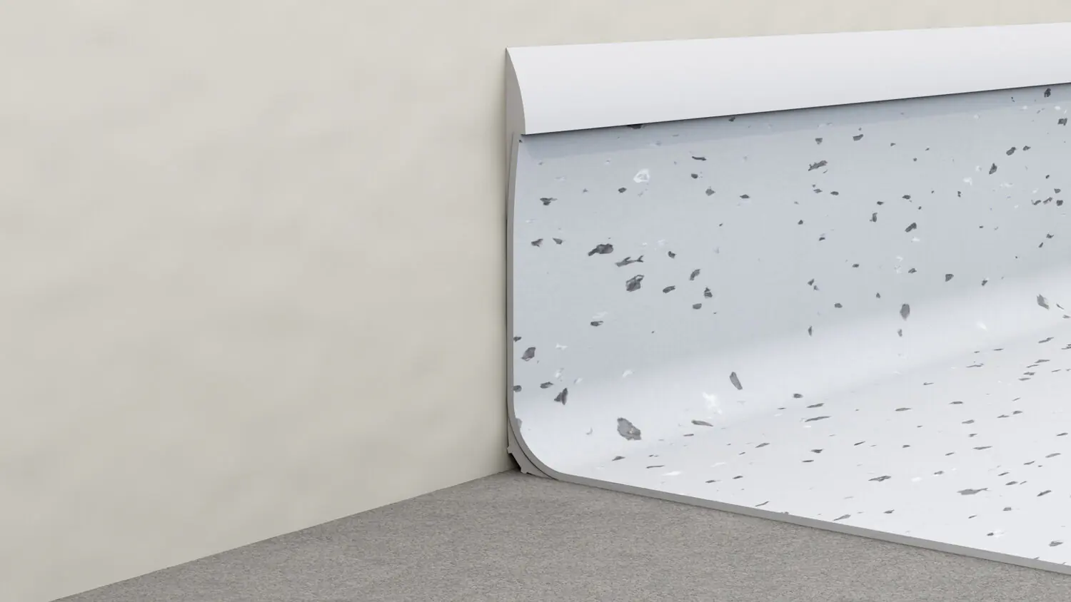 PVC zeminin kavis profili üzerinden duvara çıktığı hijyenik süpürgelik detayı